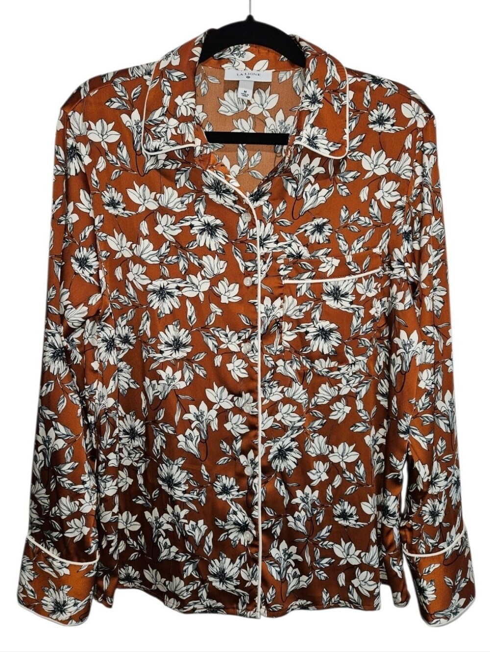 La Ligne x Target Women's Size Medium Rust Floral Satin Button-Up Long Sleeve